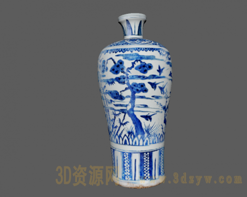 明万历青花岁寒三友花鸟纹梅瓶模型