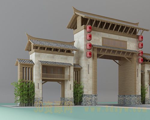 仿古大门模型 室外建筑