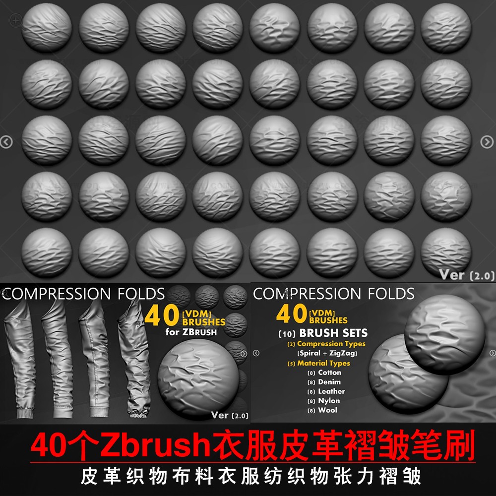 zbrush衣服褶皱笔刷ZB皮革织物布料衣服纺织物褶皱40个褶皱笔刷