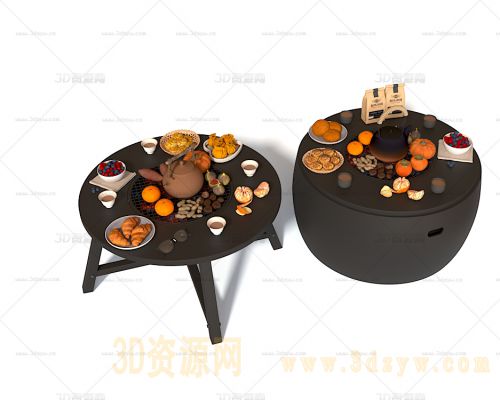 露营围炉模型 烤炉 水果 糕点 茶壶